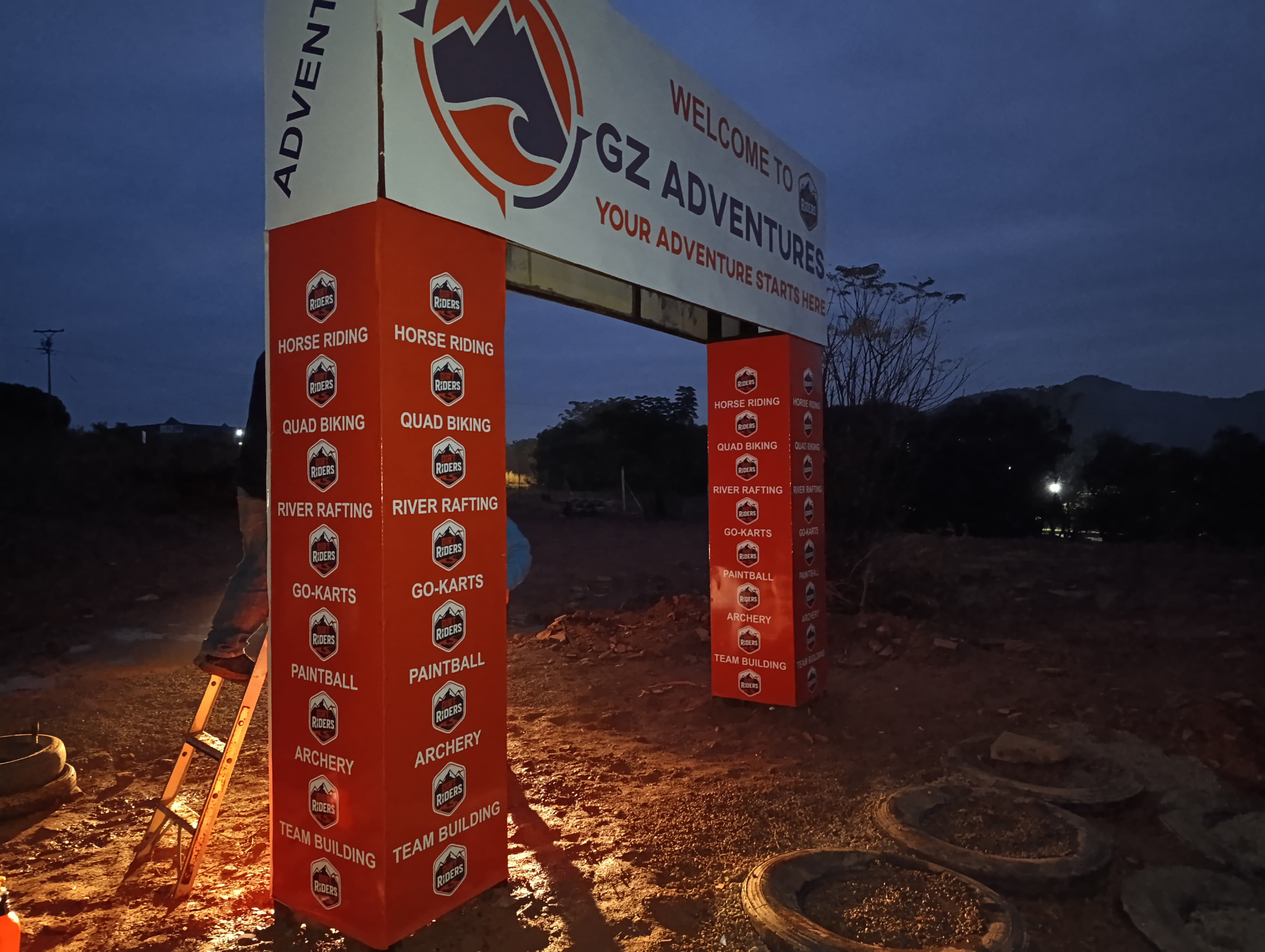 GZ Adventures large outdoor entrance arch sign with activity branding